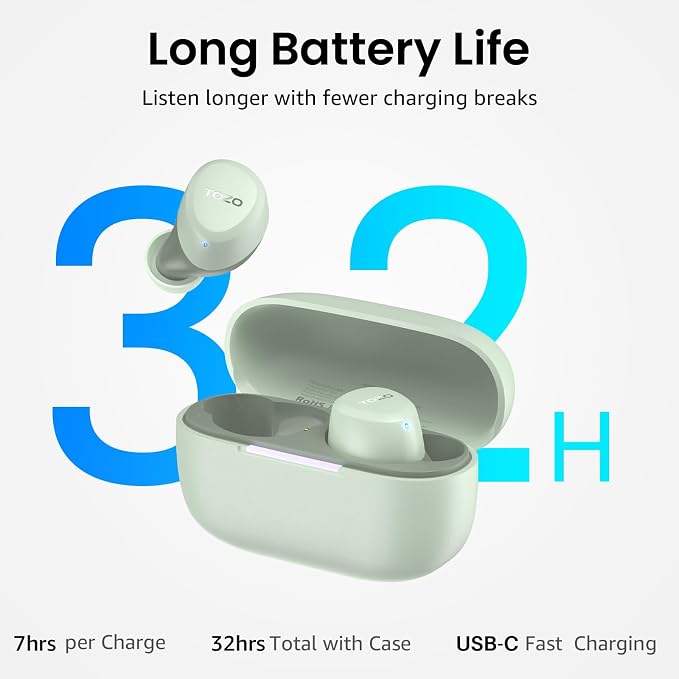 TOZO A1 Wireless Earbuds Bluetooth 5.3 Light Weight in Ear Headphones | IPX5 Waterproof,2 Mics for AI Calls,Immersive Premium Sound Bass Headset with Charging Case,32 EQ via App Green - Image 4