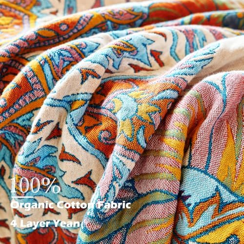 VANJOROY Boho Throw Blanket, 100% Organic Cotton Breathable Skin-Friendly Ultra Soft Bed Quilt Throw - All Season Floral Bird Farmhouse Décor Luxury Blanket for Sofa Couch Chair and Gift. 91" x 98" - Image 7