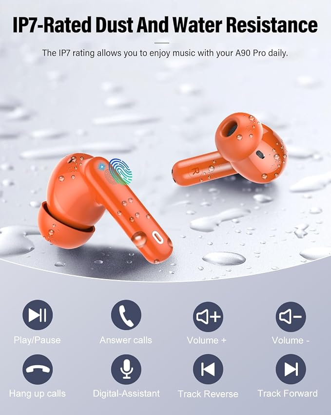Wireless Earbuds, Bluetooth 5.4 Headphones Bass Stereo/Clear Calls, Orange | Ear Buds with Noise Cancelling Mic LED Display in Ear Earphones IP7 Waterproof 36H Bluetooth Earbuds for Phones/Sport/Laptop - Image 8