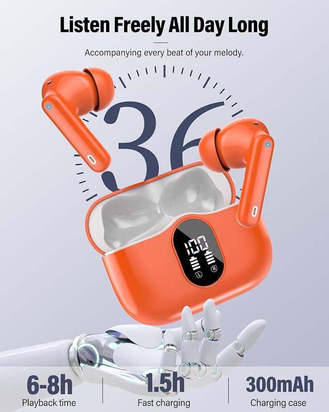 Wireless Earbuds, Bluetooth 5.4 Headphones Bass Stereo/Clear Calls, Orange | Ear Buds with Noise Cancelling Mic LED Display in Ear Earphones IP7 Waterproof 36H Bluetooth Earbuds for Phones/Sport/Laptop - Image 7