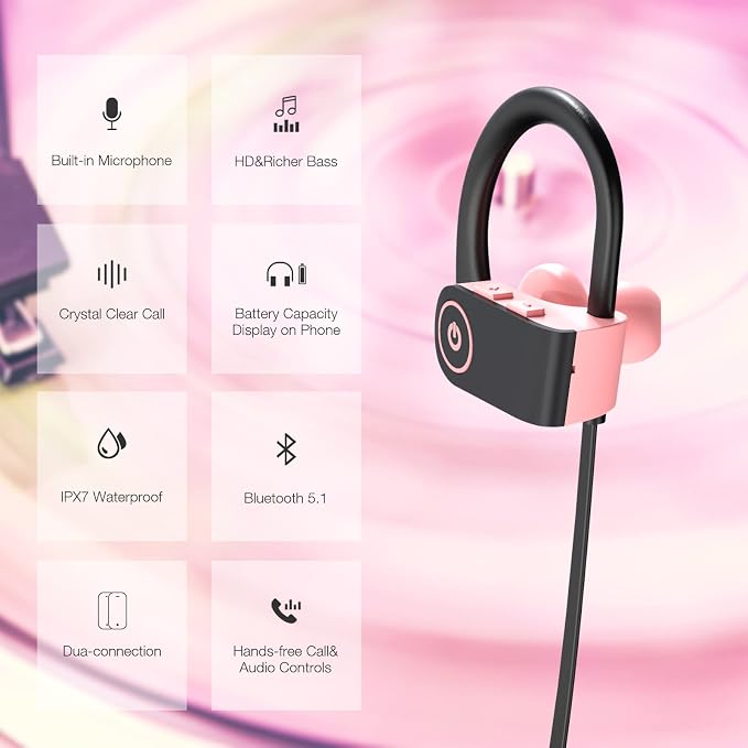 Boean Bluetooth Headphones - IPX7 Waterproof Running Sports Earphones for Women & Girls with 16 Hrs Playtime - Image 3