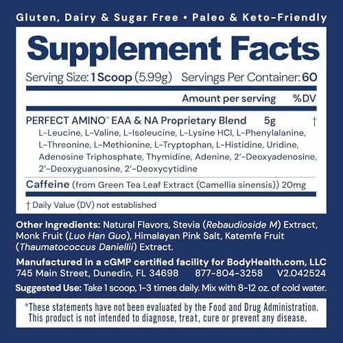 BodyHealth PerfectAmino Powder - BCAA and EAA Powder for Pre and Post Workout - Amino Acid Energy Drink for Men and Women to Support Lean Muscle and Recovery - Mocha - 60 Servings - Image 2