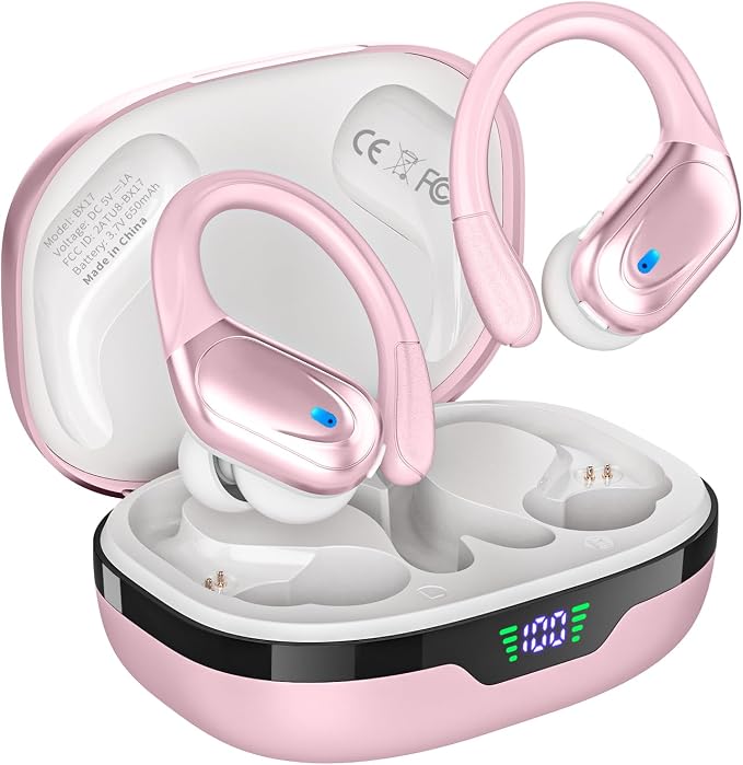 HAOYUYAN Wireless Earbuds, Sports Bluetooth Headphones, 80Hrs Playtime Ear Buds with LED Power Display, Noise Canceling Headset, IPX7 Waterproof Earphones for Workout/Running (Pink) by HAOYUYAN