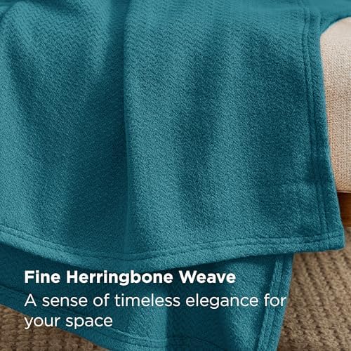 Bedsure 100% Cotton Blanket, Herringbone Weave, Queen Size, Teal - Image 3