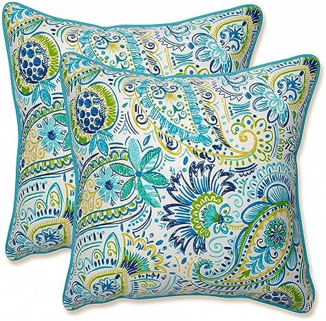 Pillow Perfect Paisley Indoor/Outdoor Accent Throw Pillow, Plush Fill, Weather, and Fade Resistant, Large Throw - 18.5" x 18.5", Blue/Yellow Gilford, 2 Count by PillowPerfect