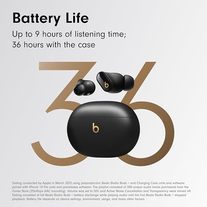 Beats Studio Buds + | True Wireless Noise Cancelling Earbuds, Enhanced Apple & Android Compatibility, Built-in Microphone, Sweat Resistant Bluetooth Headphones, Spatial Audio - Black/Gold | Includes charging case, USB-C cable and extra eartips for char... - Image 3