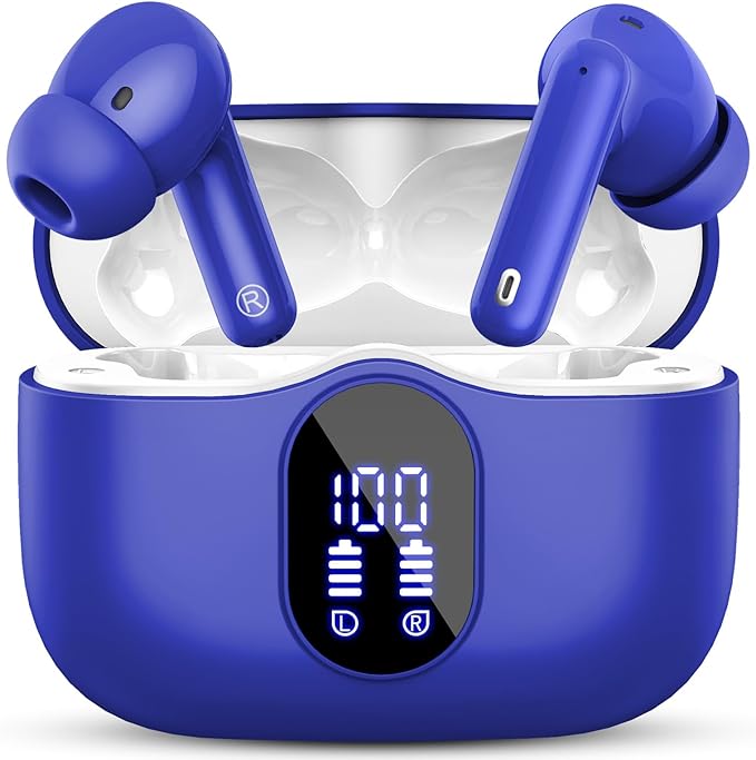 Wireless Earbuds, Bluetooth 5.4 Headphones Bass Stereo/Clear Calls, Blue | Ear Buds with Noise Cancelling Mic LED Display in Ear Earphones IP7 Waterproof 36H Bluetooth Earbuds for Phones/Sport/Laptop by Btootos