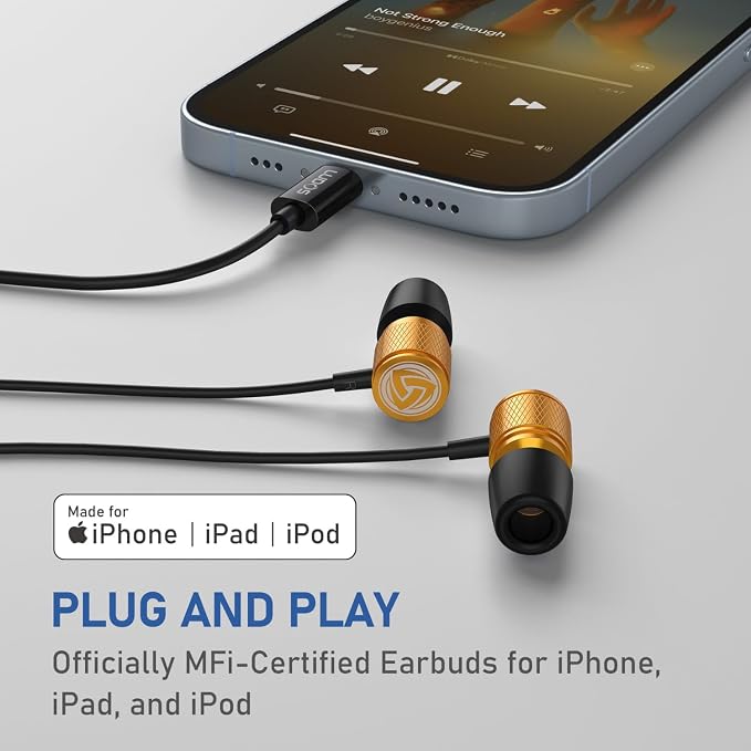 LUDOS Ultra iPhone Wired Headphones Earbuds Earphones with Lightning Connector Apple MFi Certified, 5 Years Warranty, for iPhone 14 13 12 11 Pro Max X XS XR 8 7 Plus with Microphone Control - Gold - Image 5