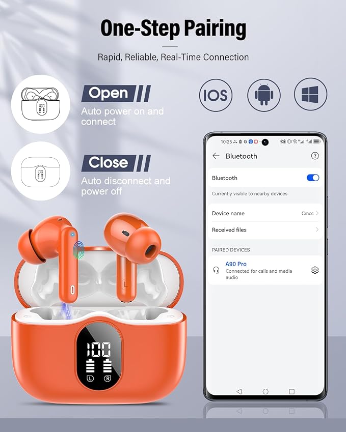 Wireless Earbuds, Bluetooth 5.4 Headphones Bass Stereo/Clear Calls, Orange | Ear Buds with Noise Cancelling Mic LED Display in Ear Earphones IP7 Waterproof 36H Bluetooth Earbuds for Phones/Sport/Laptop - Image 5