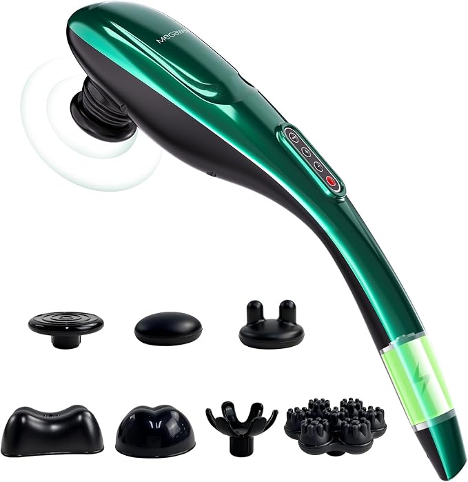 MEGAWISE Cordless Handheld Back Massager w/Rechargeable 3200mAh Battery, 5 Speed and 5 +2 Massage Nodes with Hard, Medium and 2 Soft Silicone Nodes; Massage While Moving Around (Dark Green) by MEGAWISE