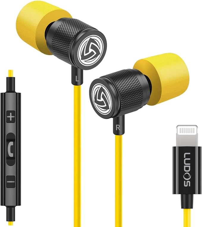 LUDOS Ultra iPhone Wired Headphones Earbuds Earphones with Lightning Connector Apple MFi Certified, 5 Years Warranty, for iPhone 14 13 12 11 Pro Max X XS XR 8 7 Plus with Microphone Control - Yellow by Ludos