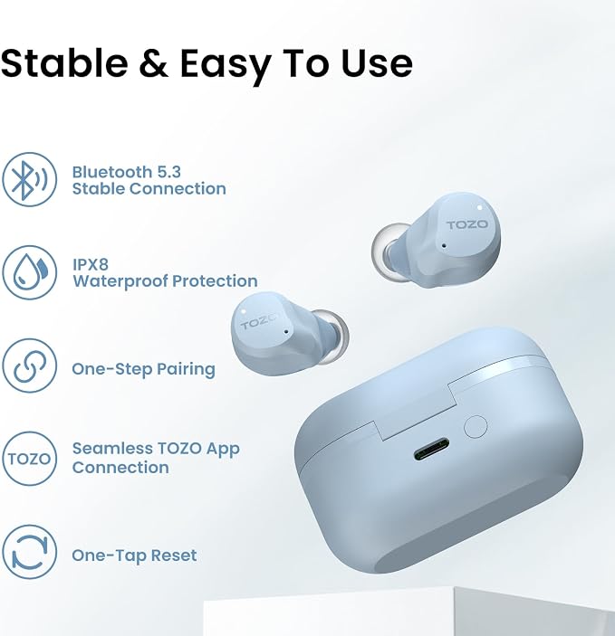TOZO NC9 Hybrid Active Noise Cancelling Wireless Earbuds, 60H, LED Display | 6 Mic ENC Clear Calls, Deep Bass Sound, IPX8, in Ear Bluetooth 5.3 Headphones,32 EQs via APP,Comfort Fit Ear Buds,Light Blue - Image 9