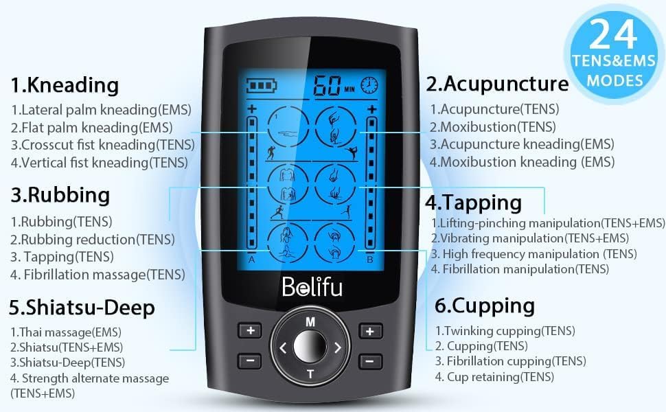 Belifu Dual Channel TENS EMS Unit with 12 Pads, 24 Modes Muscle Stimulator, Electronic Pulse Massager Muscle Massager for Pain Relief Therapy, Fastening Cable Ties, Dust-Proof Drawstring Storage Bag - Image 3
