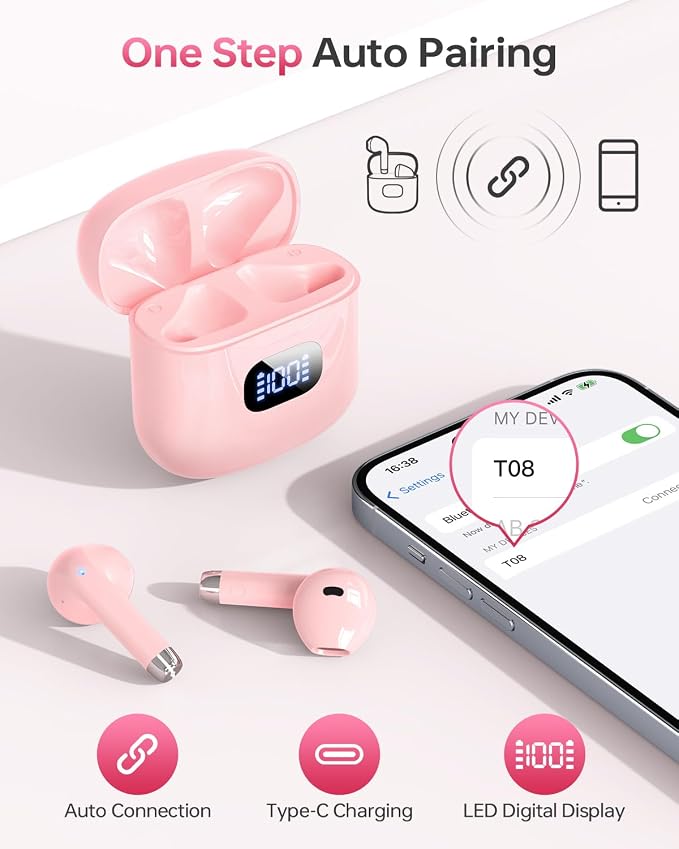 KTGEE Wireless Earbuds Bluetooth 5.3 Headphones, 40Hrs Playback Stereo Ear Buds with LED Display Charging Case IPX7 Waterproof in-Ear Earphones with Mic for Phone Tablet Laptop Sports, Pink | Stereo Sound, LED Display, IPX7 Waterproof, Compact In-ear E... - Image 6