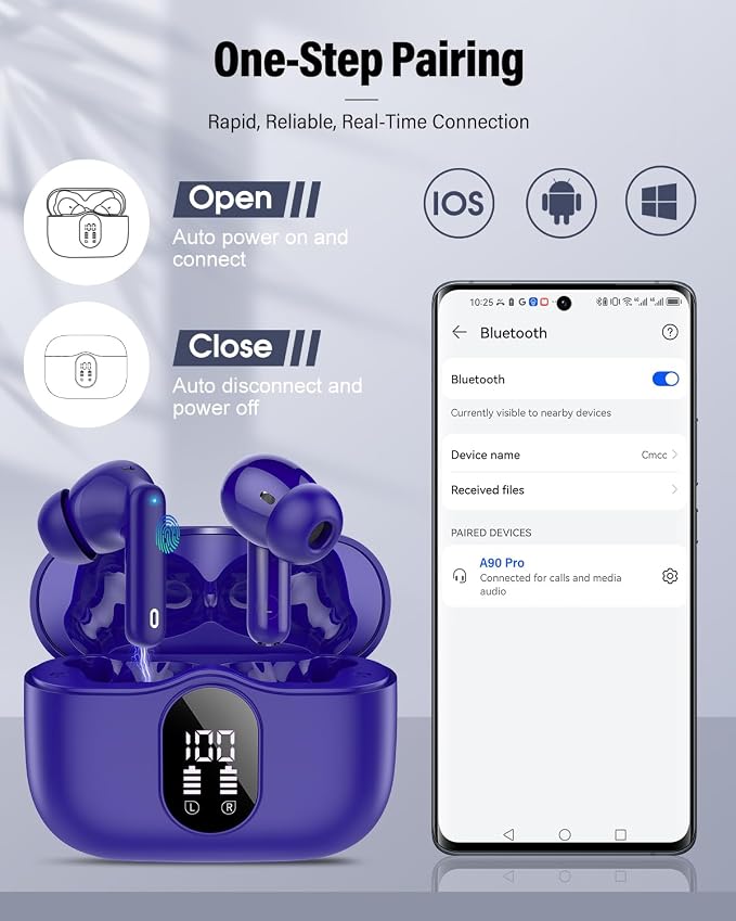 Wireless Earbuds, Bluetooth 5.4 Headphones Bass Stereo/Clear Call,Dark Blue | Ear Buds with Noise Cancelling Mic LED Display in Ear Earphones IP7 Waterproof 36H Bluetooth Earbuds for Phones/Sport/Laptop - Image 5