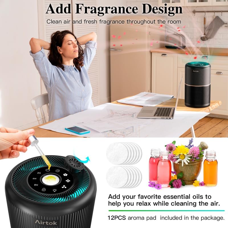 AIRTOK HEPA Air Purifier for Home Bedroom with Fragrance Sponges | 4-In-1 H13 True HEPA Air Filter for Smoke Dust Pollen Pet Dander Odors,99.97% Removal to 0.1 Microns | Ozone-Free, Night Light,Black - Image 4