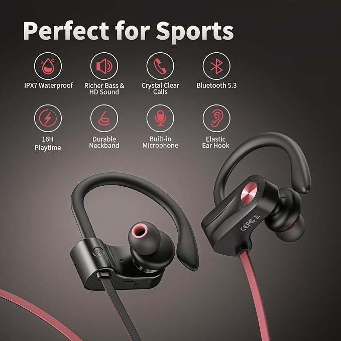 JOYWISE Wireless Bluetooth 5.3 Wireless Headphones with 16Hrs Long Playtime Stereo IPX7 Waterproof in-Ear Earphones, Noise Cancelling Headphones for Running, Black&Pink - Image 6