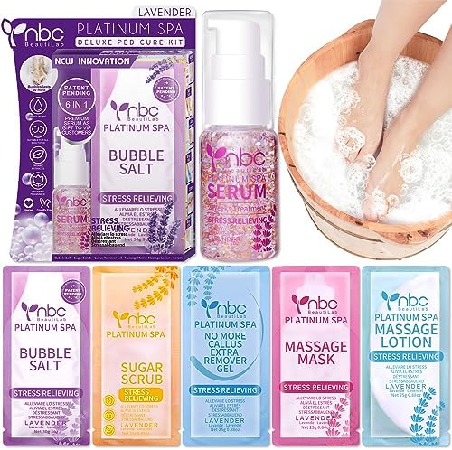 Pedicure Kit Foot Soak Set: Bubble Salt, Sugar Scrub, Massage Mask, Massage Lotion in a Box, 4 Step Foot Spa Kit for Dry Feet,Tired Feet(Lavender) by nbcBeautiLab