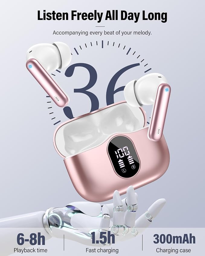 Wireless Earbuds, Bluetooth 5.4 Headphones Bass Stereo/Clear Call,Rose Gold | Ear Buds with Noise Cancelling Mic LED Display in Ear Earphones IP7 Waterproof 36H Bluetooth Earbuds for Phones/Sport/Laptop - Image 5