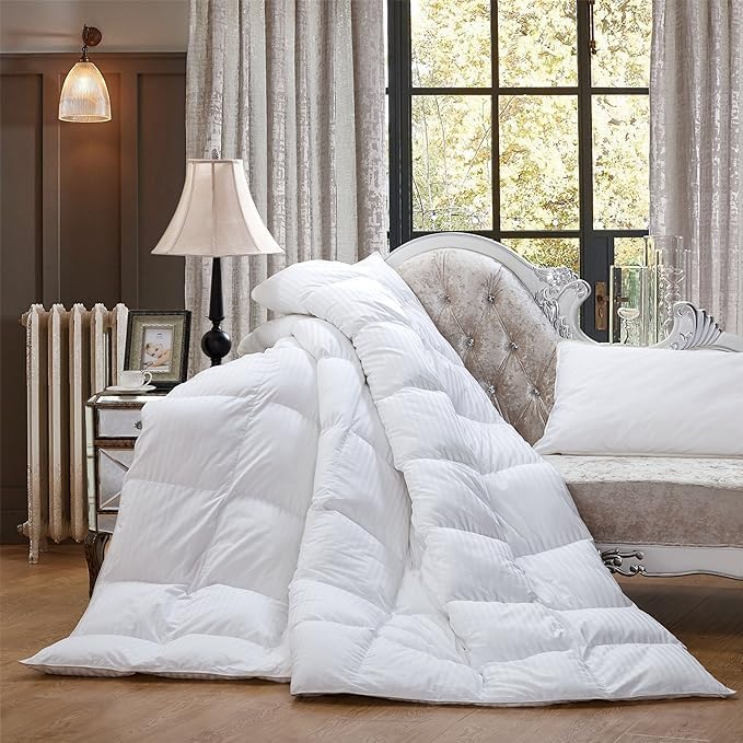 Luxurious All-Season Goose Down Feather Fiber Comforter Duvet Insert, Exquisite Palatial King White Stripe Design, 120" x 98 ", Premium Baffle Box, 100% Cotton Down Proof Fabric, 75 oz. Fill Weight - Image 2