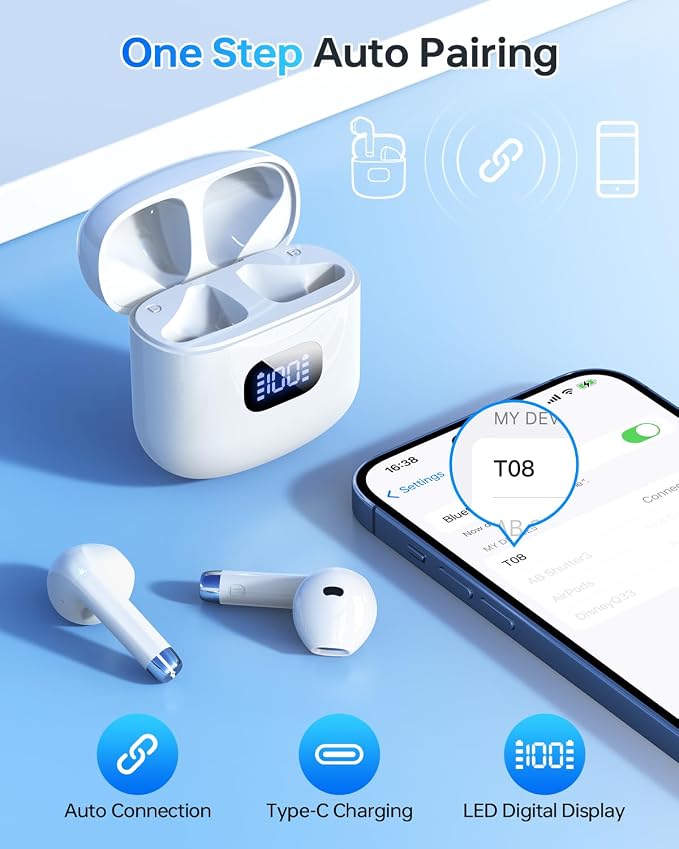 KTGEE Wireless Earbuds Bluetooth 5.3 Ear Buds Headphones, 40Hrs Playback | Stereo Sound, LED Display, IPX7 Waterproof, Compact In-ear Earphones with Mic for Phone Tablet Laptop Sport, White - Image 2