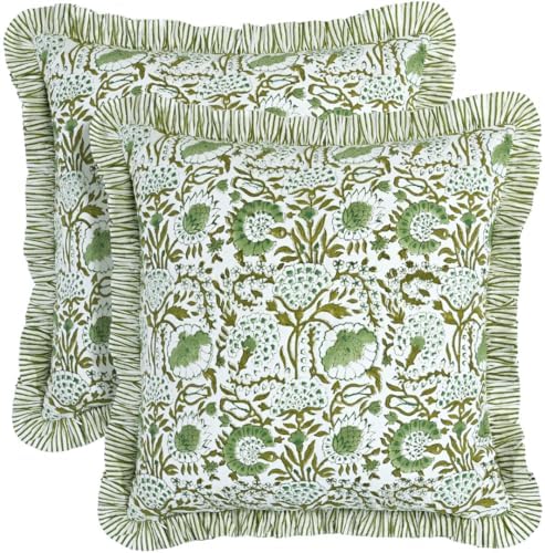 CPC Block Print Ruffle Throw Cover Agate Green 18"x18" Inch Pack of 2-100% Cotton Ruffle Couch Decorative Boho Pillows Case for Living Room, Bedroom, Sofa, Farmhouse Gift for Spring, Mother's Day by COTTONPRINTCLUB