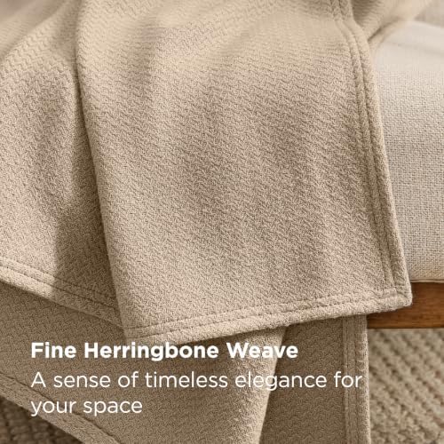 Bedsure 100% Cotton Blanket, Herringbone Weave, Queen Size, Khaki - Image 3