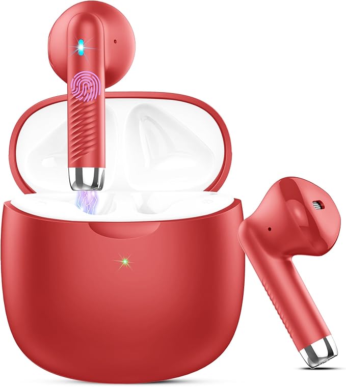 Wireless Earbuds, Bluetooth 5.4 Earbuds Stereo Bass, Bluetooth Headphones | in Ear Noise Cancelling Mic, Earphones IP7 Waterproof Sports, 32H Playtime USB C Charging Case Red Ear Buds for Android iOS by Jxrev