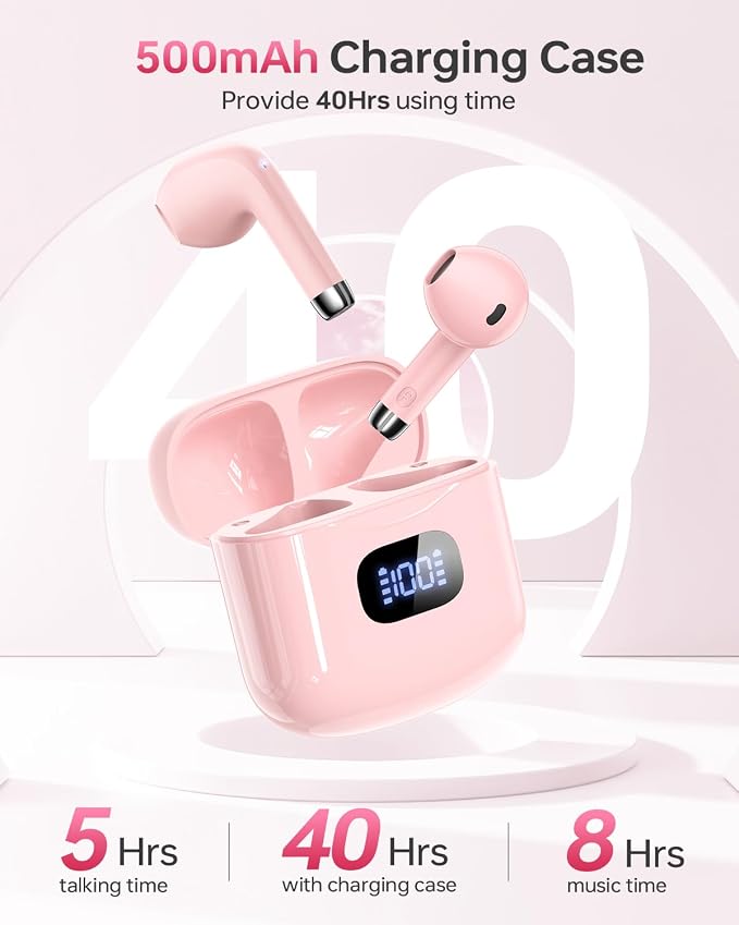 KTGEE Wireless Earbuds Bluetooth 5.3 Headphones, 40Hrs Playback Stereo Ear Buds with LED Display Charging Case IPX7 Waterproof in-Ear Earphones with Mic for Phone Tablet Laptop Sports, Pink | Stereo Sound, LED Display, IPX7 Waterproof, Compact In-ear E... - Image 5