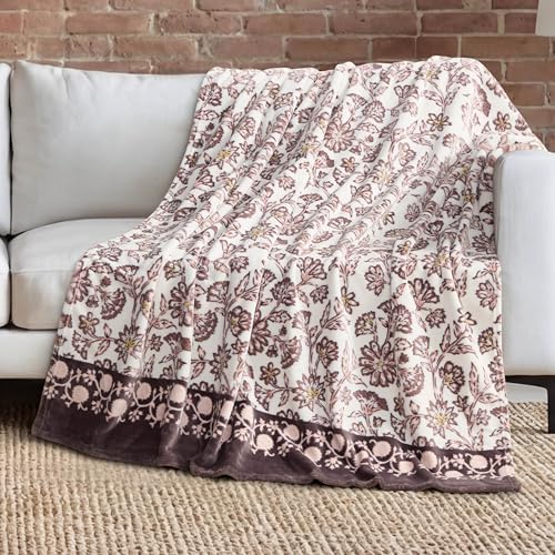 Lucky Brand 50" x 70" Plush Throw Blanket, Floral Cocoa Brown Blanket for Sofa or Bed by LuckyBrand