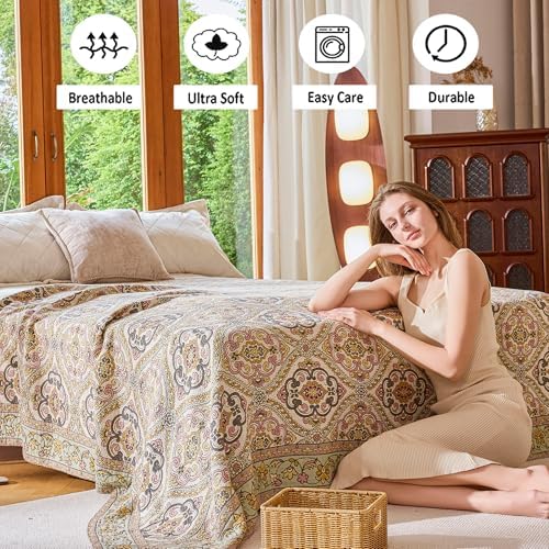 VANJOROY Boho Throw Blanket for Bed Couch 50" x 60", 100% Organic Cotton Skin-Friendly Ultra Soft Quilt Throw - Floral Rustic Living Room Decor Luxury Reversible Blanket for Sofa Chair and Gift - Image 7