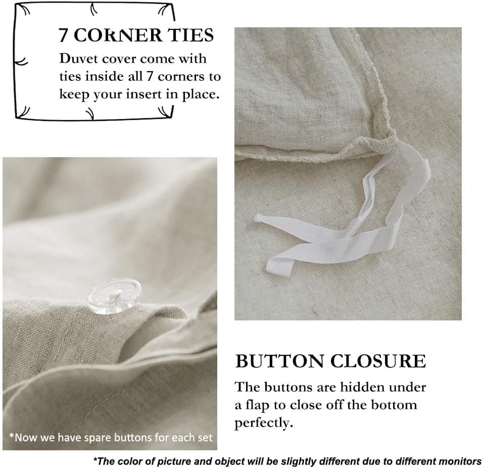 Simple&Opulence 100% Linen Duvet Cover Set with Embroidery Border Washed - 3 Pieces (1 Duvet Cover with 2 Pillow Shams) with Button Closure Soft Breathable Farmhouse - Linen, Full Size - Image 4