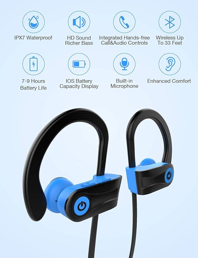 Bluetooth Headphones, Otium Wireless Sports Earbuds, Waterproof IPX7 w/Mic, HD Stereo in-Ear Earphones, Case, Fast Pairing, Gym Running Workout, 10 Hrs Battery Noise Cancelling Headsets - Image 2