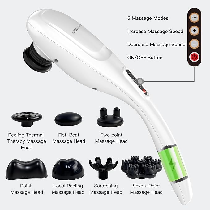 MEGAWISE Cordless Back Massager for Shoulders, Waist, Legs, Rechargeable 3200mAh Battery, 5 Speed and 5 +2 Massage Nodes 5 Hard, 2 Silicone Nodes, Massage While Moving Around (Off White Cordless) - Image 5