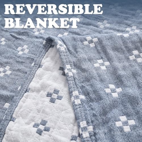 jinchan 100% Cotton Muslin Blanket Twin Boho Throw Blanket 60x80 Denim Blue - Image 4