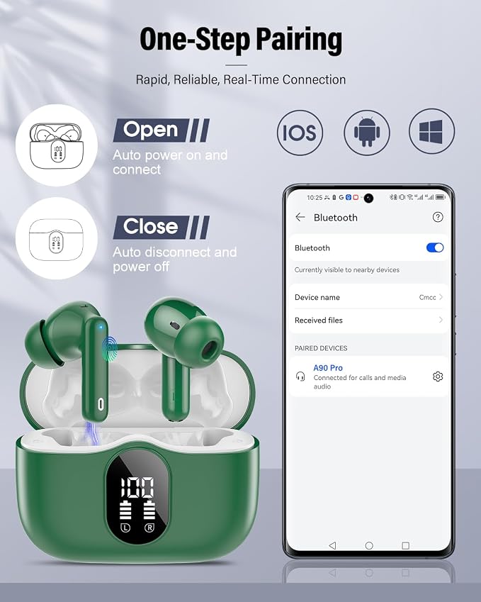 Wireless Earbuds, Bluetooth 5.4 Headphones Bass Stereo/Clear Calls, Green | Ear Buds with Noise Cancelling Mic LED Display in Ear Earphones IP7 Waterproof 36H Bluetooth Earbuds for Phones/Sport/Laptop - Image 5