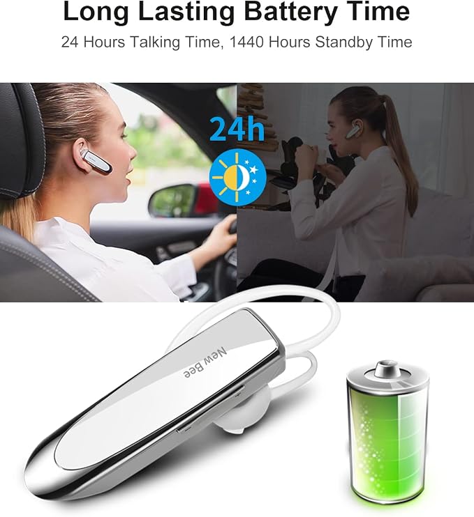 [2 Pack] Bluetooth Earpiece V5.0 Wireless Handsfree Headset 24 Hrs Driving | 60 Days Standby Time Bluetooth Headset with Microphone for iPhone Android Laptop Truck Driver(White) - Image 3