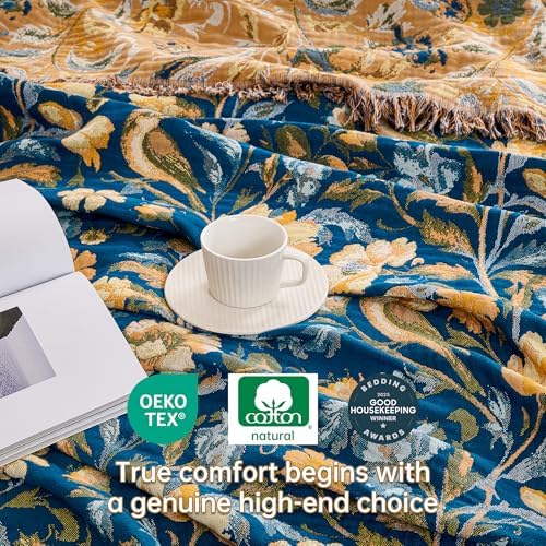 VANJOROY Boho Throw Blanket, 100% Organic Cotton Breathable Ultra Soft 91" x 108" King Bed Quilt Throw - All Season Floral Rustic Farmhouse Decor Luxury Blanket for Sofa Couch Chair and Gift - Image 6