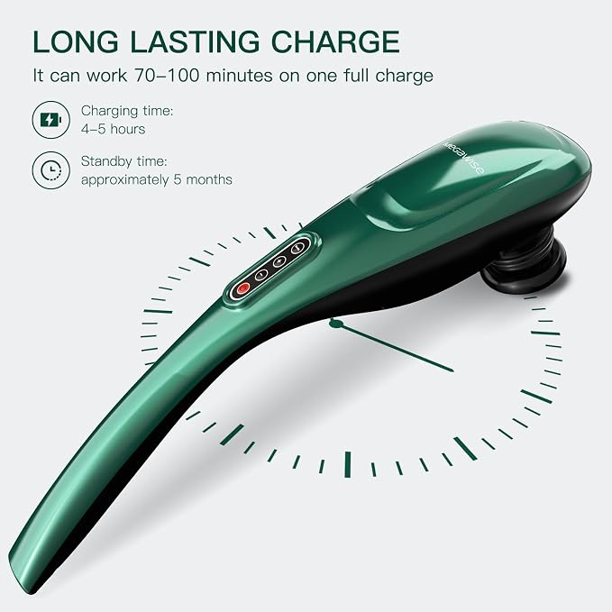 MEGAWISE Cordless Handheld Back Massager w/Rechargeable 3200mAh Battery, 5 Speed and 5 +2 Massage Nodes with Hard, Medium and 2 Soft Silicone Nodes; Massage While Moving Around (Dark Green) - Image 8