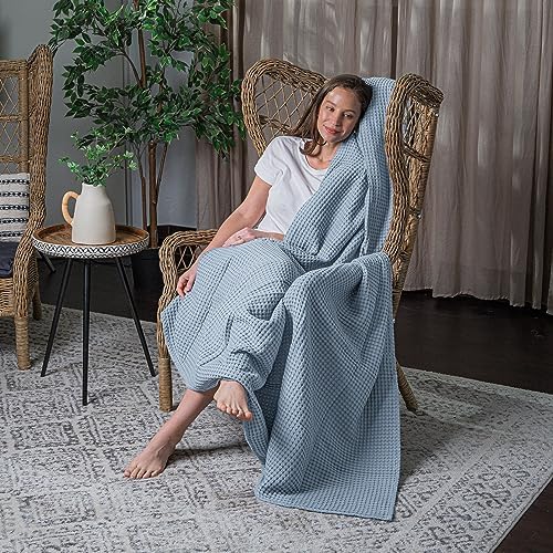 Comfy Cubs Waffle Blanket Queen, 90" x 90" - 100% Cotton Lightweight Breathable Bed Blanket - Soft Textured Thermal Weave for All Seasons – Decorative Cozy Layer for Couch, Sofa, or Bed - Pacific Blue - Image 6