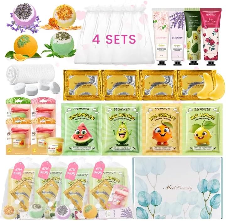 28Pcs spa birthday party supplies,4 Set Spa Party Favors kit with Facial Masks Eye Patches Hand Cream Lip Balm Foot Bath Bombs,Ideal Gift for Sleepovers & Birthdays,Safe for All Skin Types by Unknown