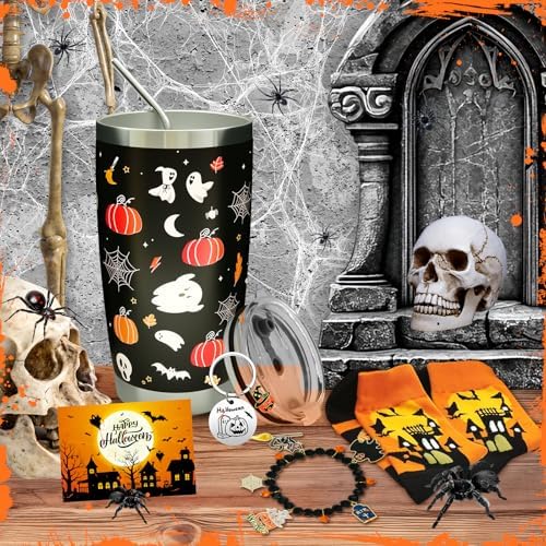 Halloween Gifts for Girls Women Adults, 6 Pieces Halloween Pumpkin Spooky Basket Gift with 20 Oz Tumbler, Socks, Bracelet, Keychain, Greeting Cards, Cute Pumpkin Gift for Her, Sister, Friends, Girls - Image 2