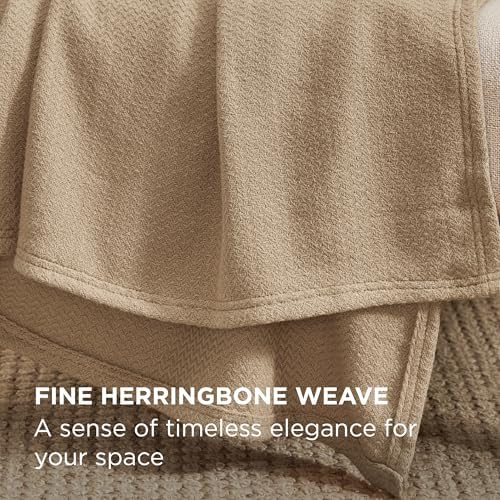 Bedsure 100% Cotton Blanket, Herringbone Weave, Full, Light Brown - Image 3