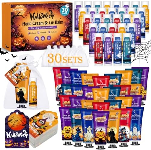 KONEUK 30 Pack Halloween Lip Balm & Hand Cream Set, Bulk Halloween Gifts by KONEUK