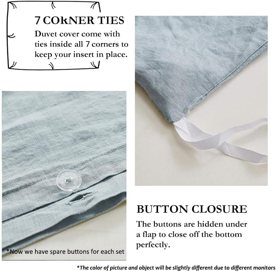 Simple&Opulence 100% Linen Duvet Cover Set with Embroidery Border Washed - 3 Pieces (1 Duvet Cover & 2 Pillow Shams) with Button Closure Soft Breathable Farmhouse - Dusty Blue, Full Size - Image 4