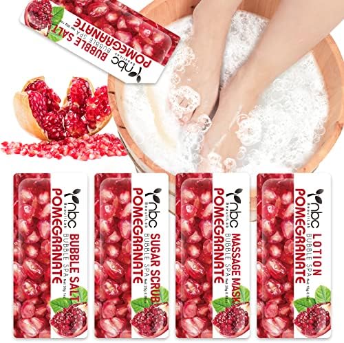 Pedicure Kit Foot Soak Set: Bubble Salt, Sugar Scrub, Massage Mask, Massage Lotion in a Box, 4 Step Foot Spa Kit for Dry Feet,Tired Feet (1 Set Pomegranate) by nbcBeautiLab