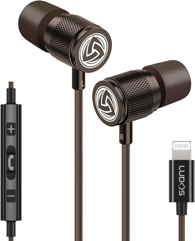 LUDOS Ultra iPhone Wired Headphones Earbuds Earphones with Lightning Connector Apple MFi Certified, 5 Years Warranty, for iPhone 14 13 12 11 Pro Max X XS XR 8 7 Plus with Microphone Control - Brown by Ludos