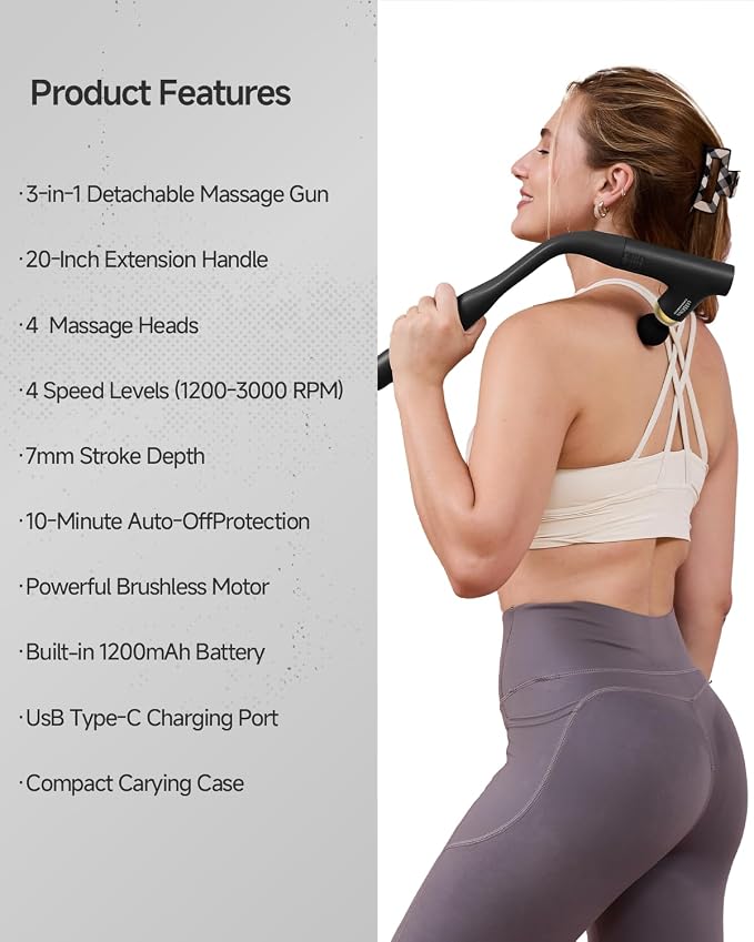 3-in-1 Muscle Massager Gun Deep Tissue with Long Handle, Handheld Percussion Back Massager for Pain Relief, Shoulder, Arm, Thigh, Waist, Neck - Image 9