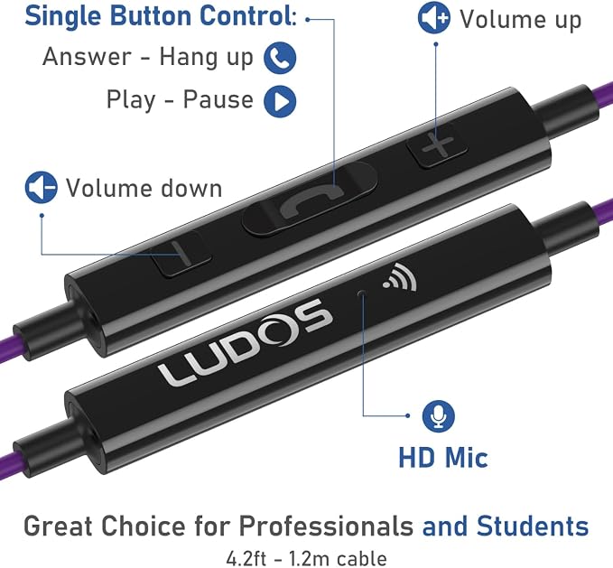 LUDOS Ultra iPhone Wired Headphones Earbuds Earphones with Lightning Connector Apple MFi Certified, 5 Years Warranty, for iPhone 14 13 12 11 Pro Max X XS XR 8 7 Plus with Microphone Control - Purple - Image 5