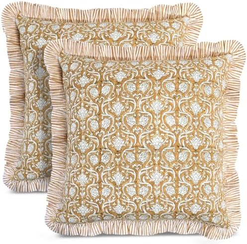 CPC Block Print Ruffle Throw Cover Mustard Regal 18"x18" Inch Pack of 2-100% Cotton Ruffle Couch Decorative Boho Pillows Case for Living Room, Bedroom, Sofa, Farmhouse Gift for Spring, Mother's Day by COTTONPRINTCLUB